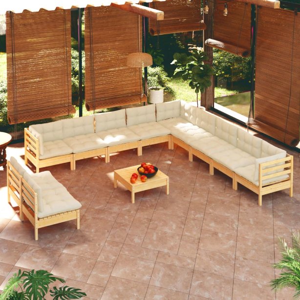 vidaXL 12-tlg. Garten-Lounge-Set mit Grauen Kissen Massivholz Kiefer