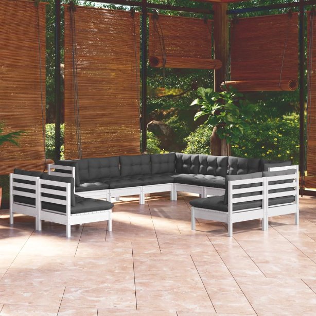 vidaXL 11-tlg. Garten-Lounge-Set mit Grauen Kissen Massivholz Kiefer