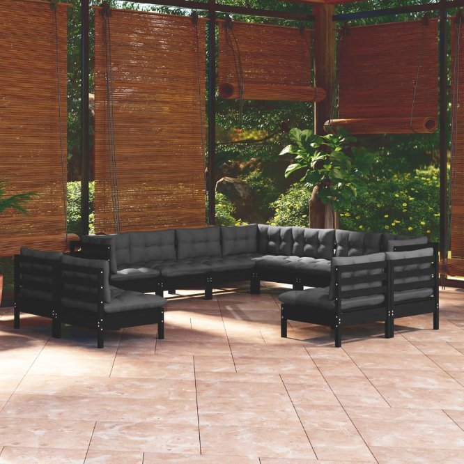 vidaXL 11-tlg. Garten-Lounge-Set mit Grauen Kissen Massivholz Kiefer