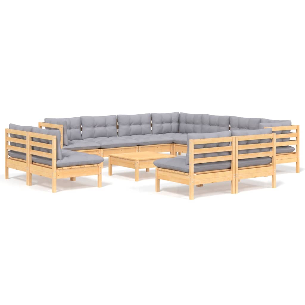 vidaXL 12-tlg. Garten-Lounge-Set mit Grauen Kissen Massivholz Kiefer