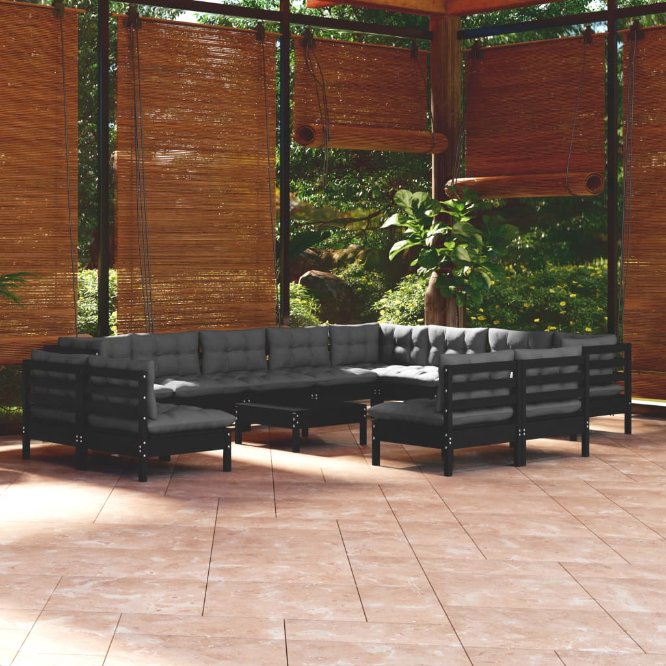 vidaXL 13-tlg. Garten-Lounge-Set mit Grauen Kissen Massivholz Kiefer