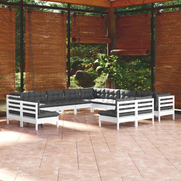 vidaXL 13-tlg. Garten-Lounge-Set mit Grauen Kissen Massivholz Kiefer