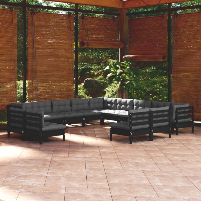 vidaXL 13-tlg. Garten-Lounge-Set mit Grauen Kissen Massivholz Kiefer