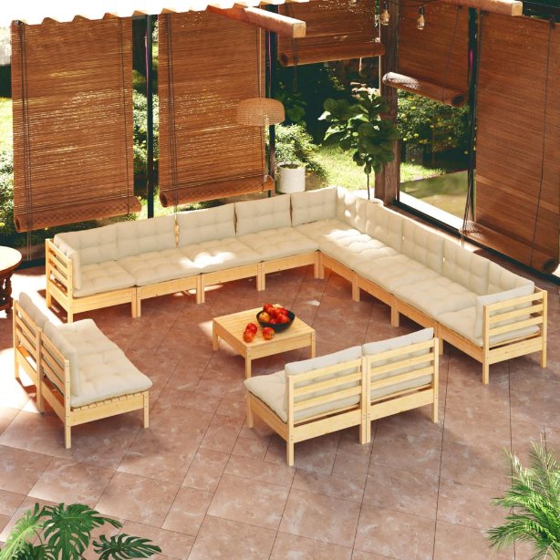 vidaXL 14-tlg. Garten-Lounge-Set mit Grauen Kissen Massivholz Kiefer