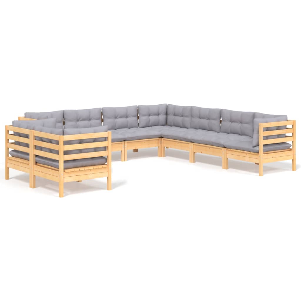 vidaXL 9-tlg. Garten-Lounge-Set mit Grauen Kissen Massivholz Kiefer