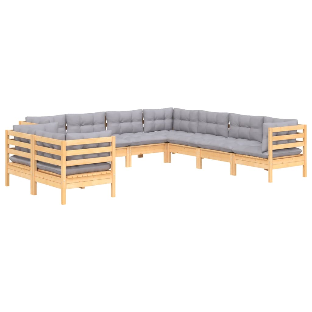 vidaXL 9-tlg. Garten-Lounge-Set mit Grauen Kissen Massivholz Kiefer