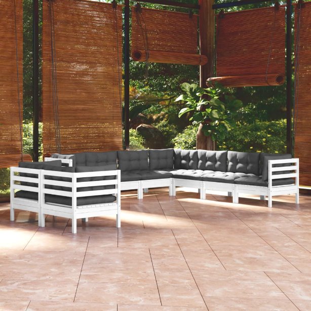 vidaXL 9-tlg. Garten-Lounge-Set mit Grauen Kissen Massivholz Kiefer