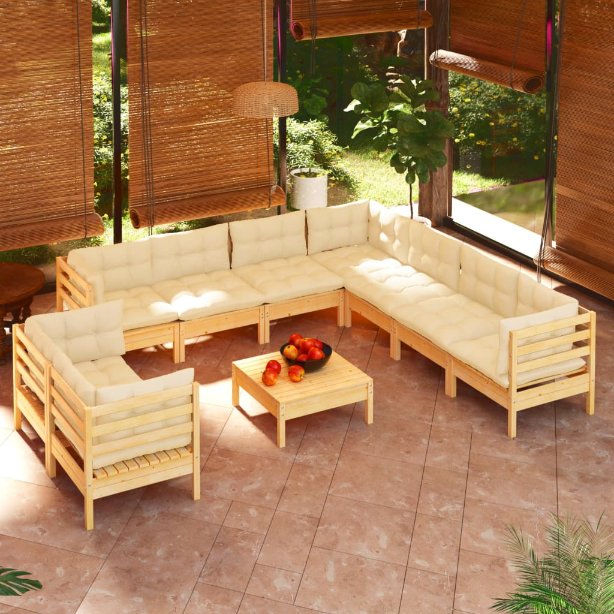 vidaXL 10-tlg. Garten-Lounge-Set mit Grauen Kissen Massivholz Kiefer