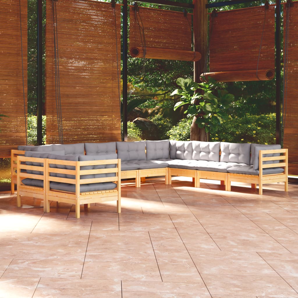 vidaXL 10-tlg. Garten-Lounge-Set mit Grauen Kissen Massivholz Kiefer