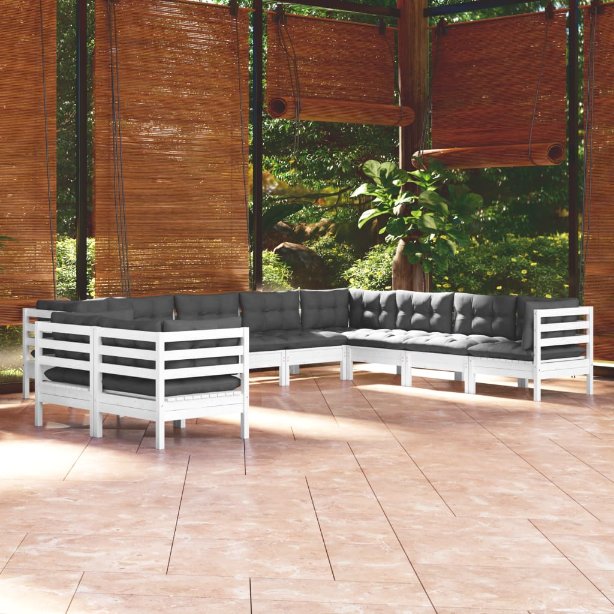 vidaXL 10-tlg. Garten-Lounge-Set mit Grauen Kissen Massivholz Kiefer