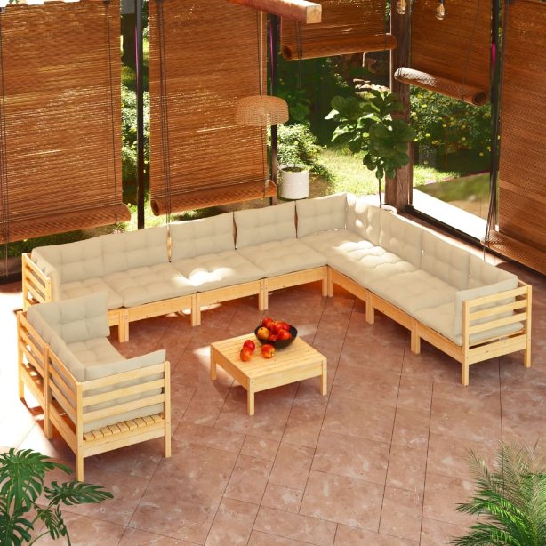 vidaXL 11-tlg. Garten-Lounge-Set mit Grauen Kissen Massivholz Kiefer