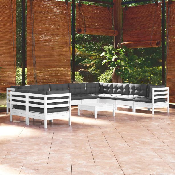 vidaXL 11-tlg. Garten-Lounge-Set mit Grauen Kissen Massivholz Kiefer