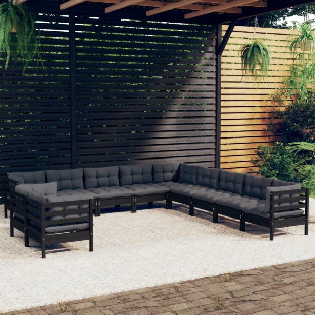 vidaXL 11-tlg. Garten-Lounge-Set mit Grauen Kissen Massivholz Kiefer