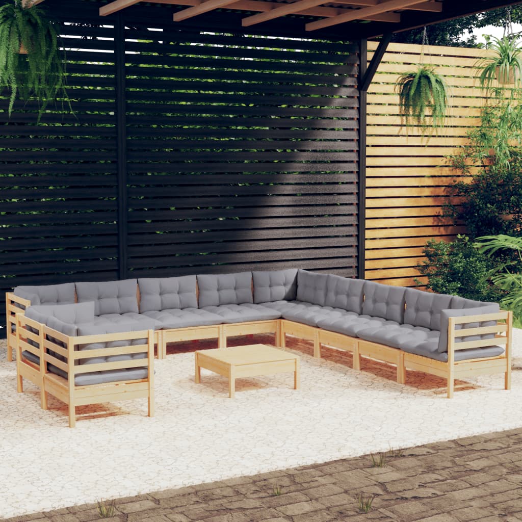 vidaXL 12-tlg. Garten-Lounge-Set mit Grauen Kissen Massivholz Kiefer