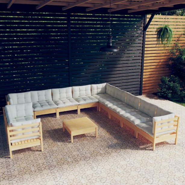 vidaXL 12-tlg. Garten-Lounge-Set mit Grauen Kissen Massivholz Kiefer
