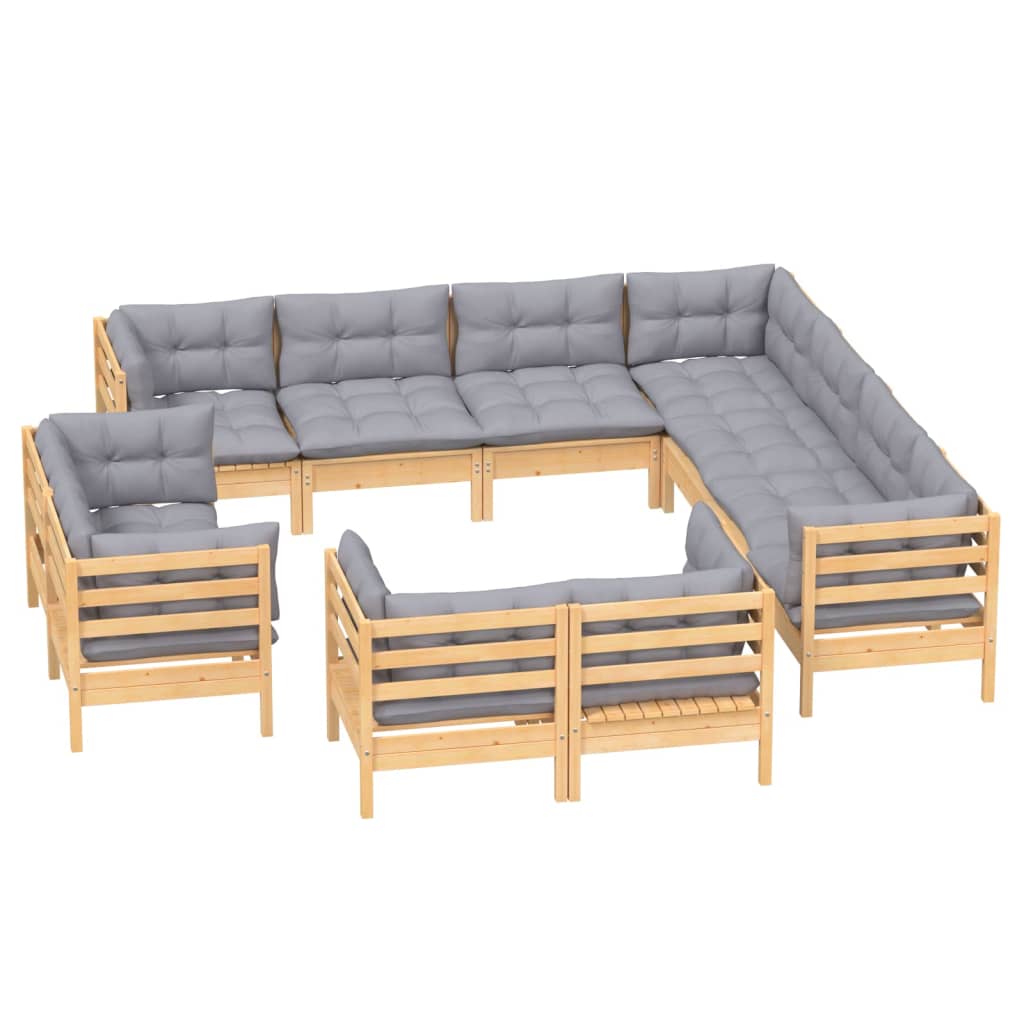 vidaXL 11-tlg. Garten-Lounge-Set mit Grauen Kissen Massivholz Kiefer