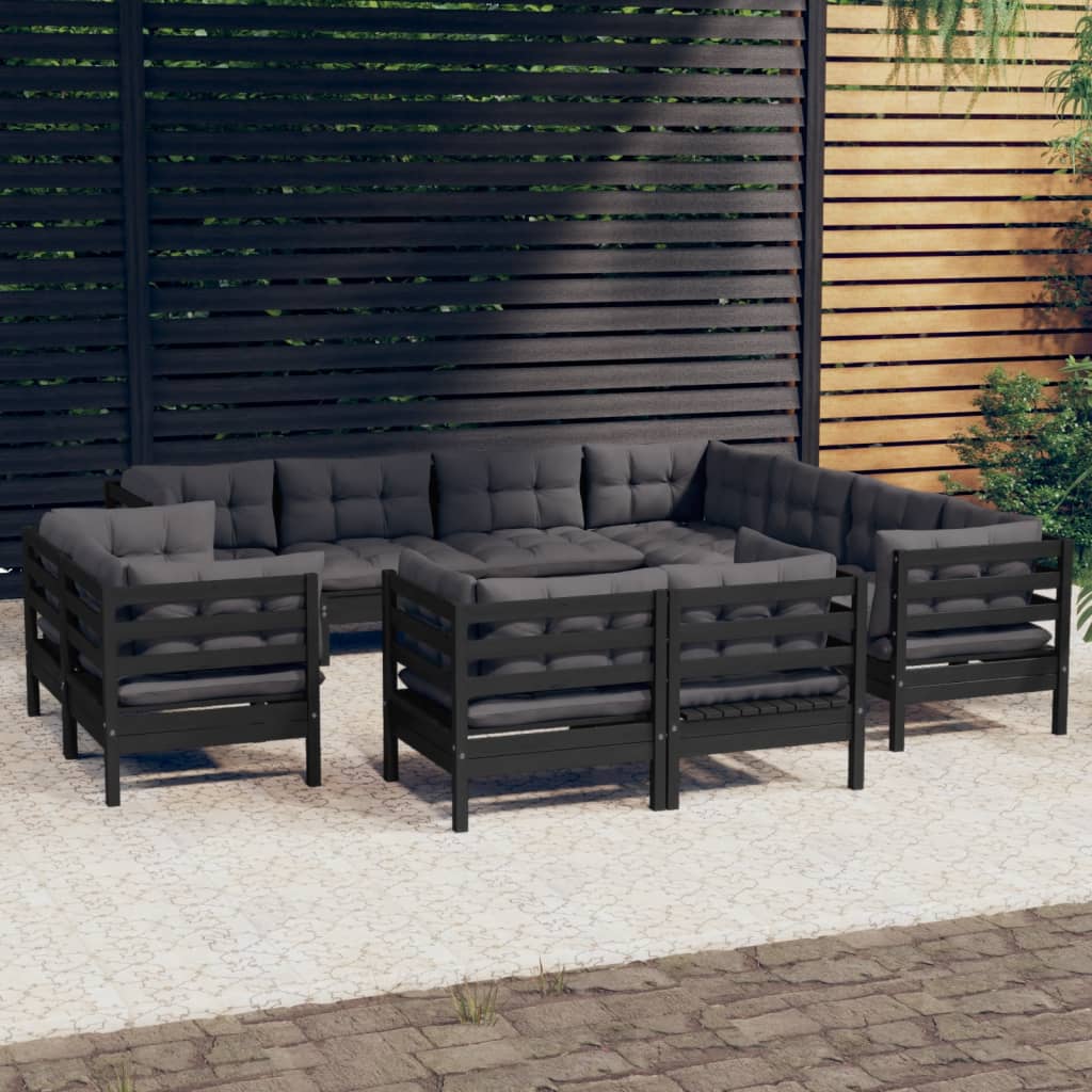 vidaXL 11-tlg. Garten-Lounge-Set mit Grauen Kissen Massivholz Kiefer