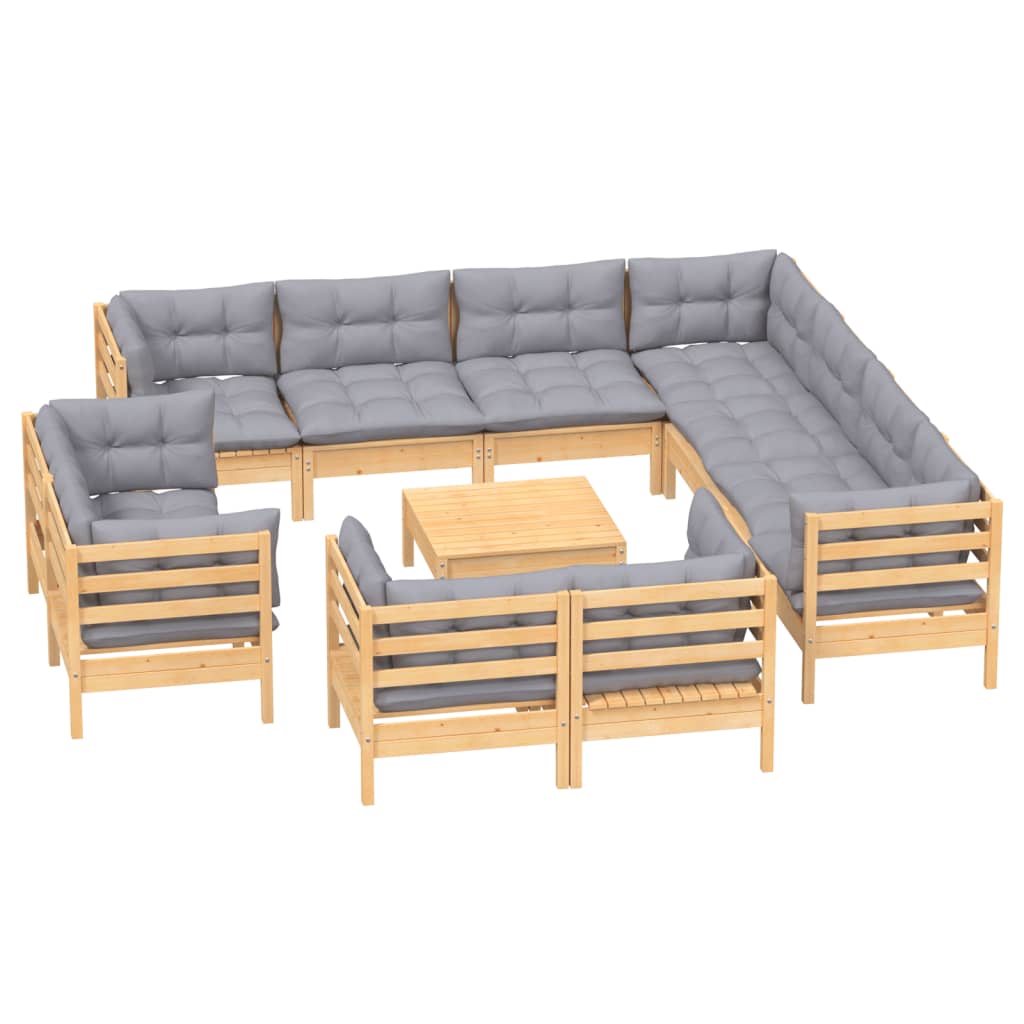 vidaXL 12-tlg. Garten-Lounge-Set mit Grauen Kissen Massivholz Kiefer