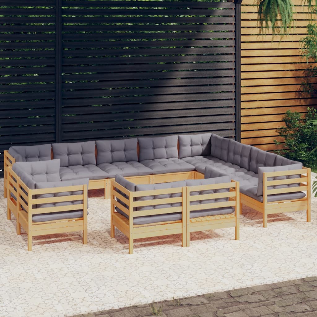 vidaXL 12-tlg. Garten-Lounge-Set mit Grauen Kissen Massivholz Kiefer