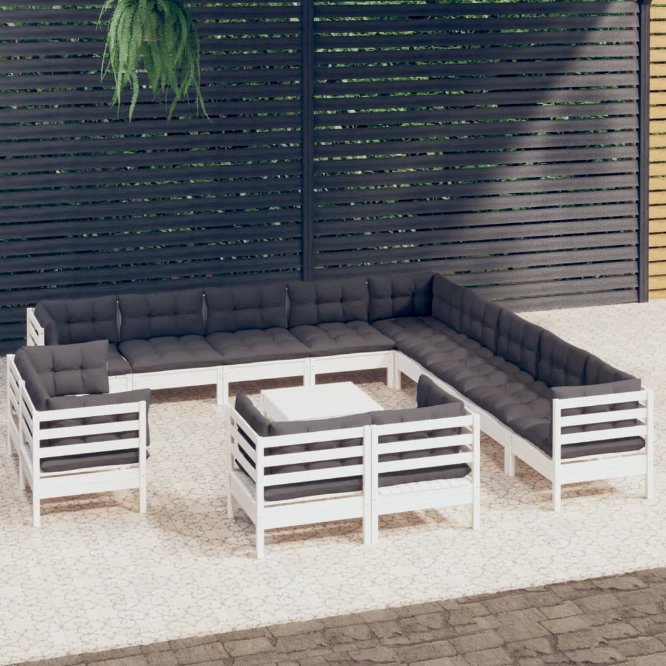 vidaXL 14-tlg. Garten-Lounge-Set mit Grauen Kissen Massivholz Kiefer