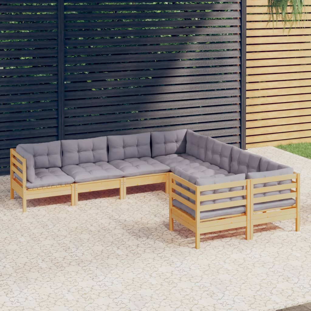 vidaXL 8-tlg. Garten-Lounge-Set mit Grauen Kissen Massivholz Kiefer