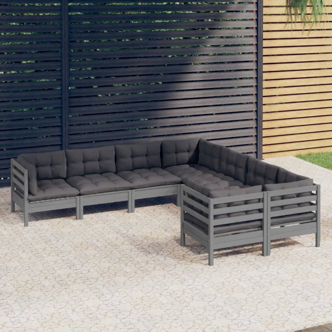 vidaXL 8-tlg. Garten-Lounge-Set mit Grauen Kissen Massivholz Kiefer