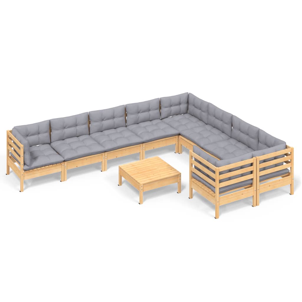 vidaXL 10-tlg. Garten-Lounge-Set mit Grauen Kissen Kiefernholz