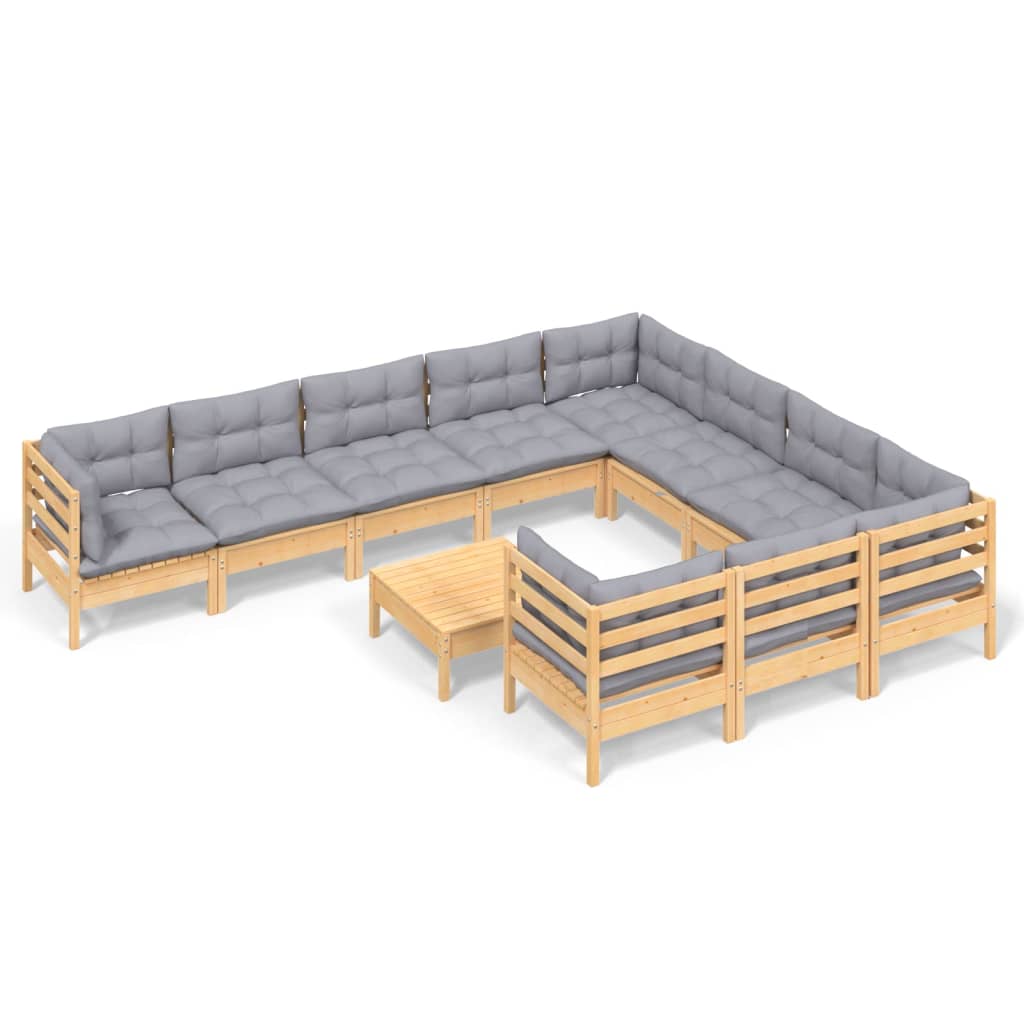 vidaXL 11-tlg. Garten-Lounge-Set mit Grauen Kissen Kiefernholz