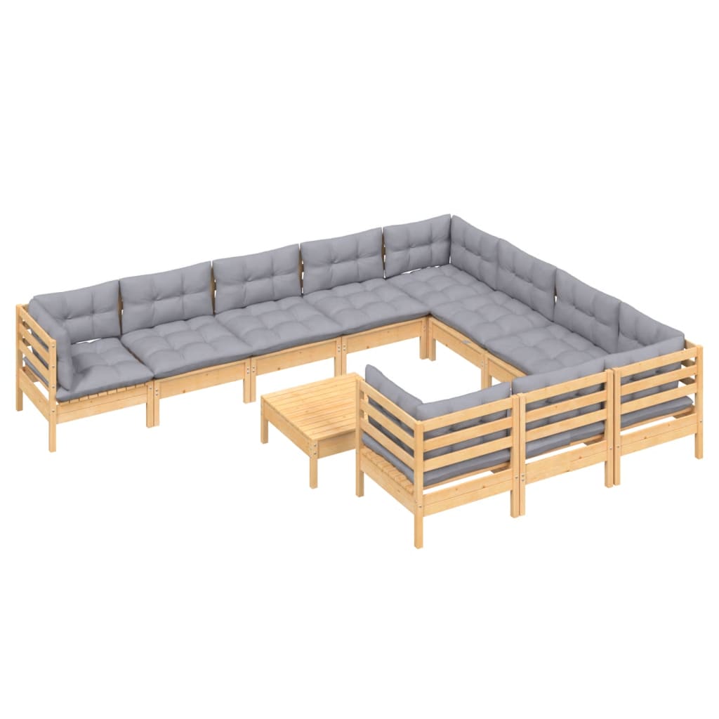vidaXL 11-tlg. Garten-Lounge-Set mit Grauen Kissen Kiefernholz