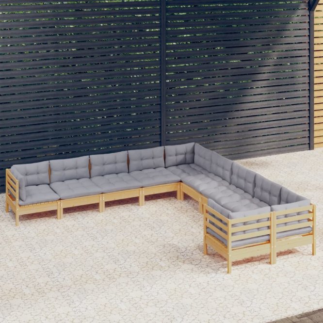 vidaXL 10-tlg. Garten-Lounge-Set mit Grauen Kissen Kiefernholz