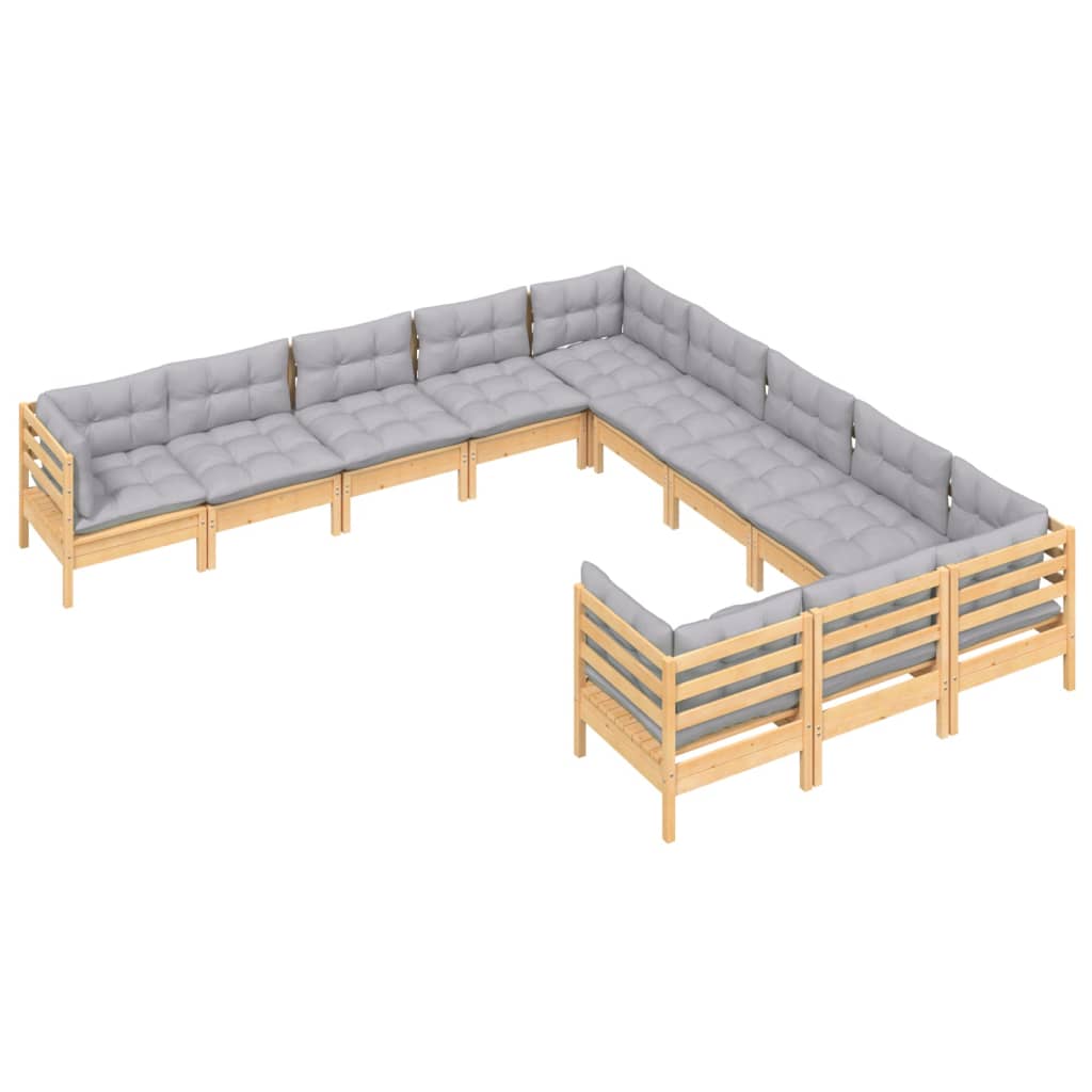 vidaXL 11-tlg. Garten-Lounge-Set mit Grauen Kissen Kiefernholz