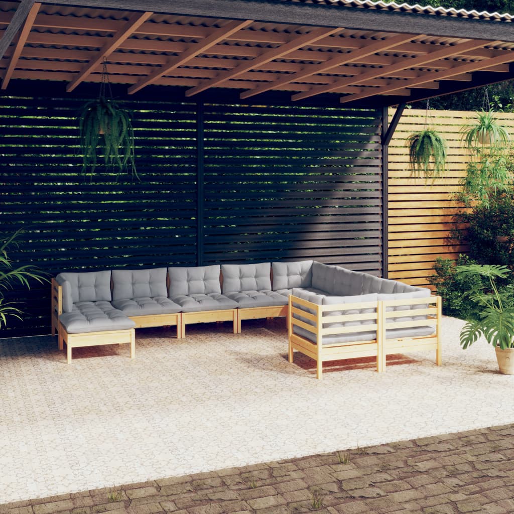 vidaXL 10-tlg. Garten-Lounge-Set mit Grauen Kissen Kiefernholz