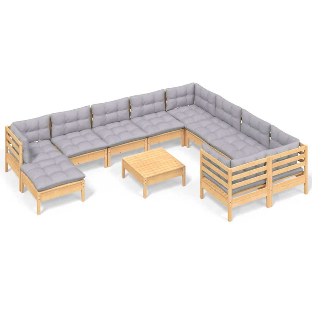 vidaXL 11-tlg. Garten-Lounge-Set mit Grauen Kissen Kiefernholz