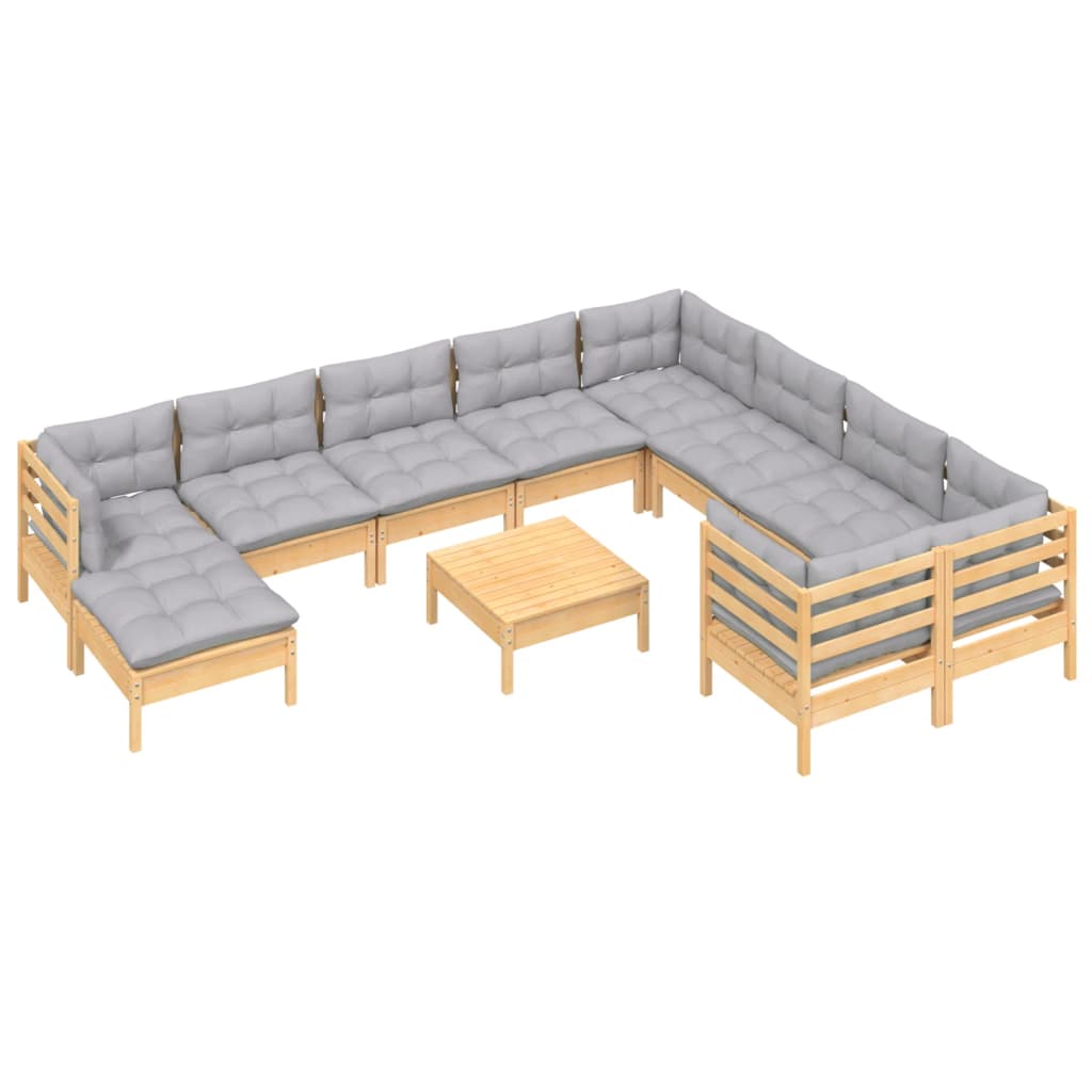 vidaXL 11-tlg. Garten-Lounge-Set mit Grauen Kissen Kiefernholz