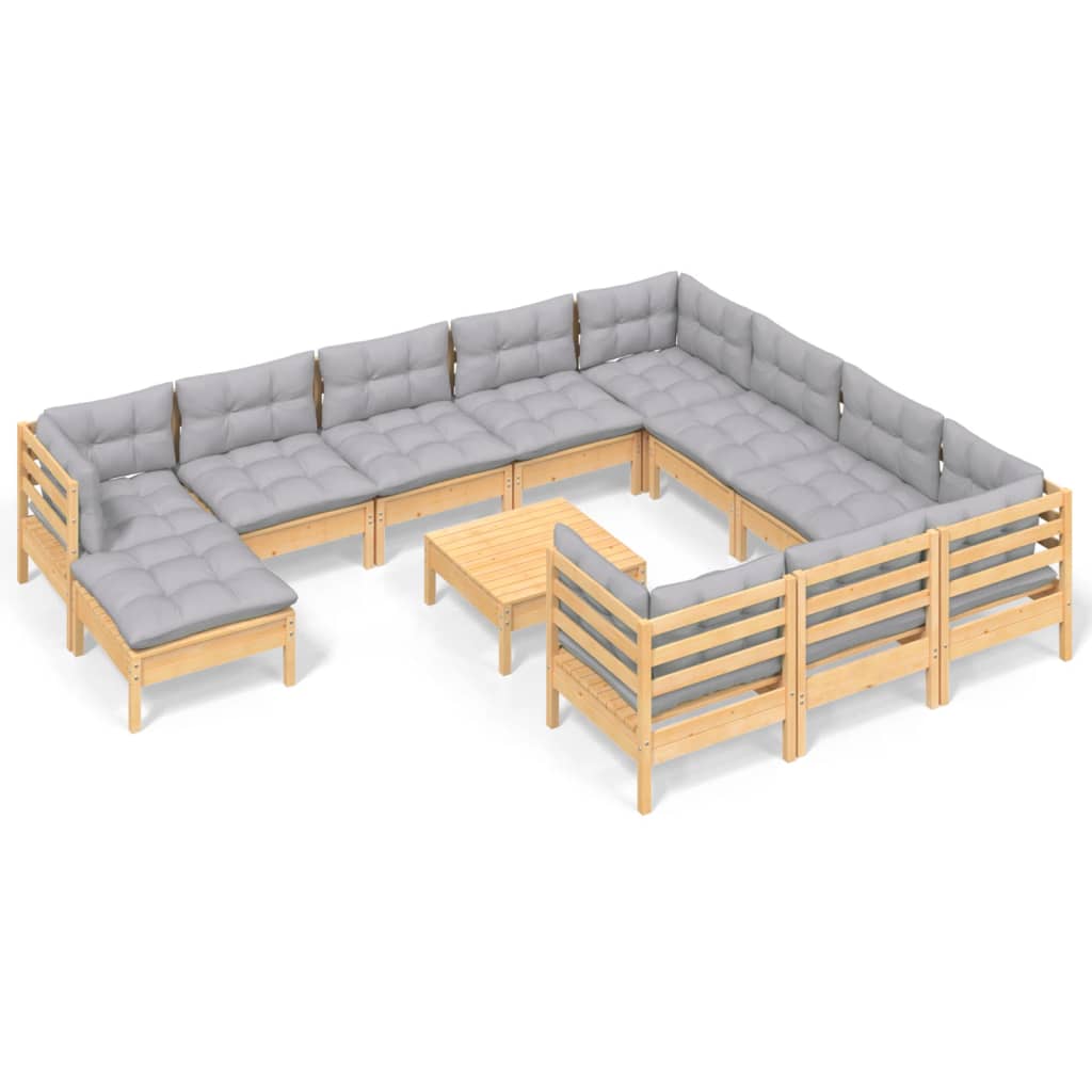 vidaXL 12-tlg. Garten-Lounge-Set mit Grauen Kissen Kiefernholz