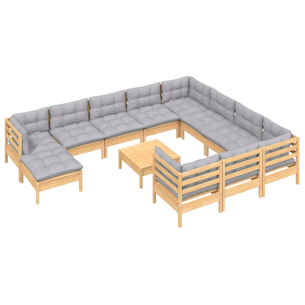 vidaXL 12-tlg. Garten-Lounge-Set mit Grauen Kissen Kiefernholz