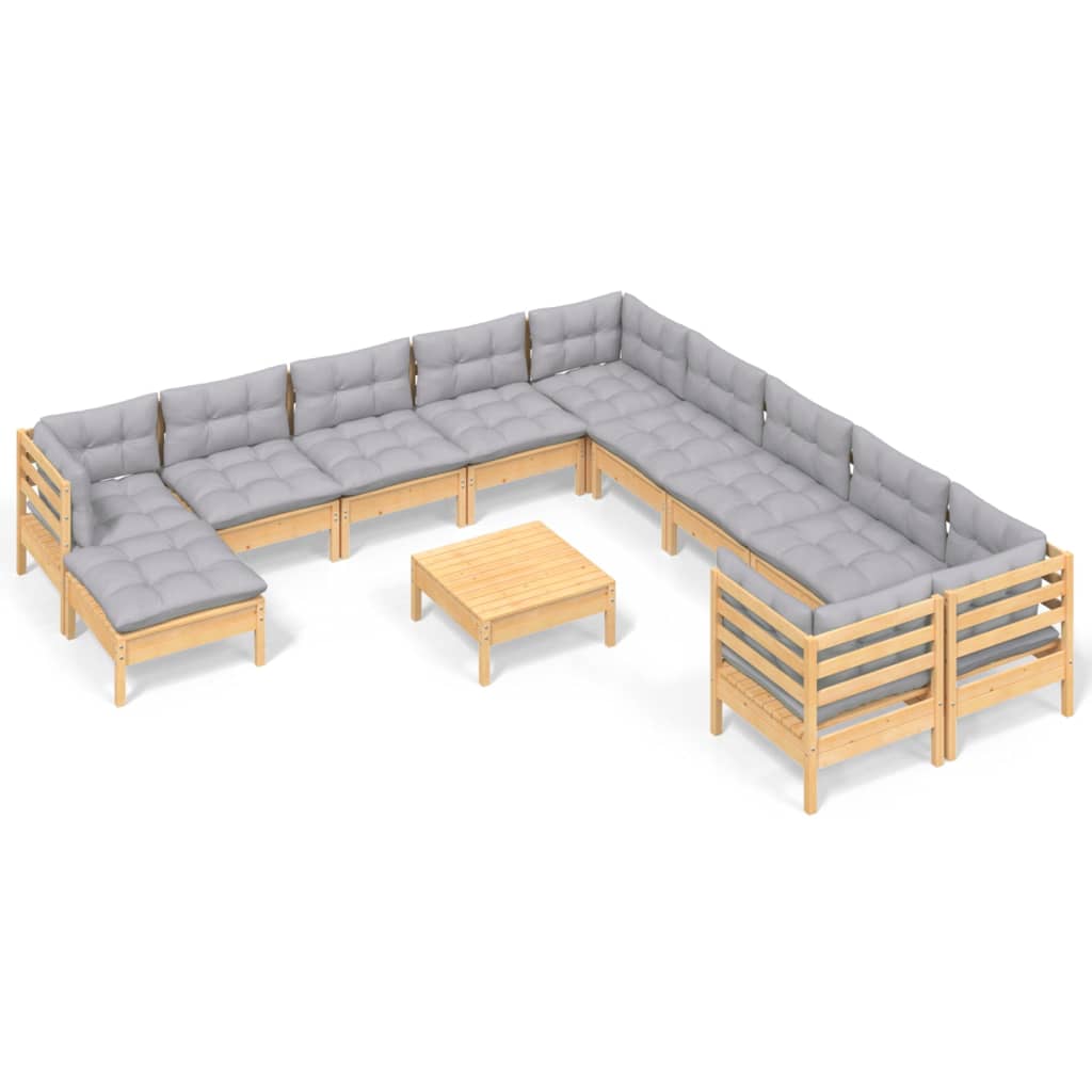 vidaXL 12-tlg. Garten-Lounge-Set mit Grauen Kissen Kiefernholz