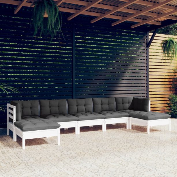 vidaXL 7-tlg. Garten-Lounge-Set mit Grauen Kissen Kiefernholz