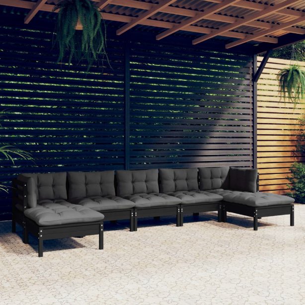 vidaXL 7-tlg. Garten-Lounge-Set mit Grauen Kissen Kiefernholz