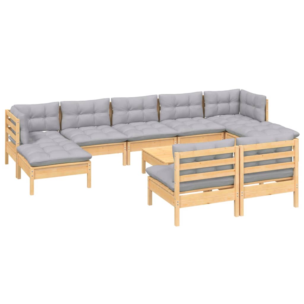 vidaXL 10-tlg. Garten-Lounge-Set mit Grauen Kissen Kiefernholz