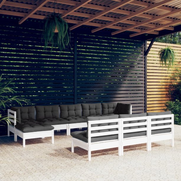 vidaXL 10-tlg. Garten-Lounge-Set mit Grauen Kissen Kiefernholz