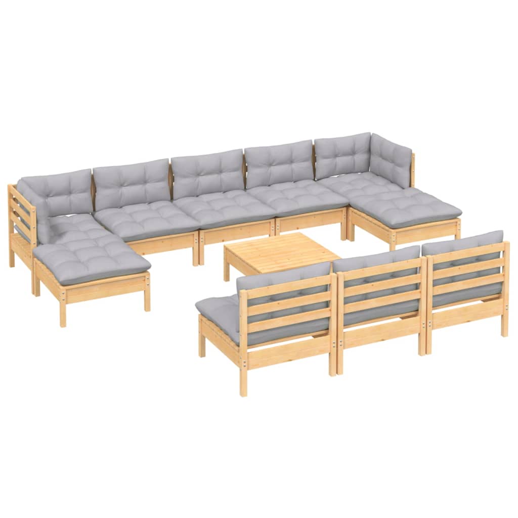 vidaXL 11-tlg. Garten-Lounge-Set mit Grauen Kissen Kiefernholz