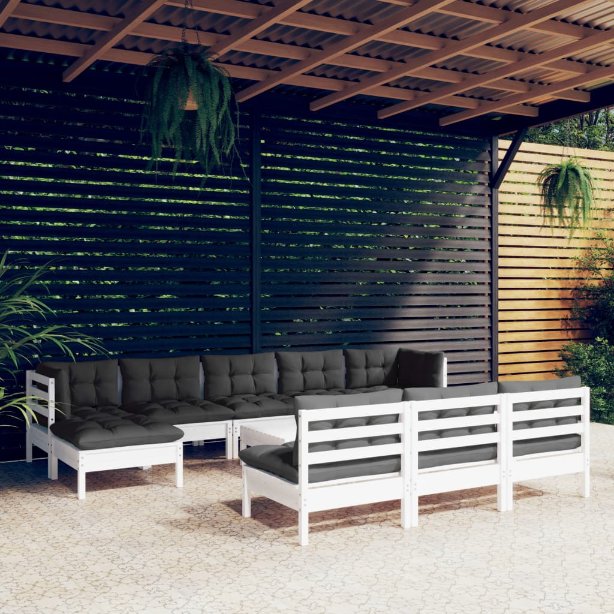vidaXL 11-tlg. Garten-Lounge-Set mit Grauen Kissen Kiefernholz