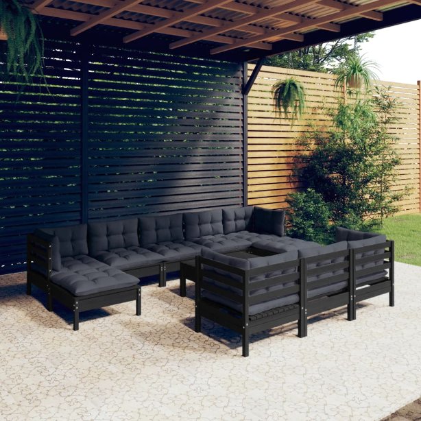 vidaXL 11-tlg. Garten-Lounge-Set mit Grauen Kissen Kiefer Massivholz