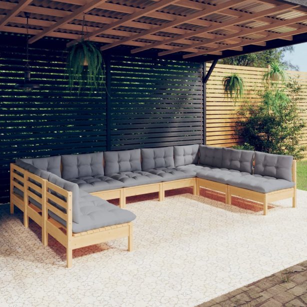 vidaXL 9-tlg. Garten-Lounge-Set mit Grauen Kissen Kiefer Massivholz