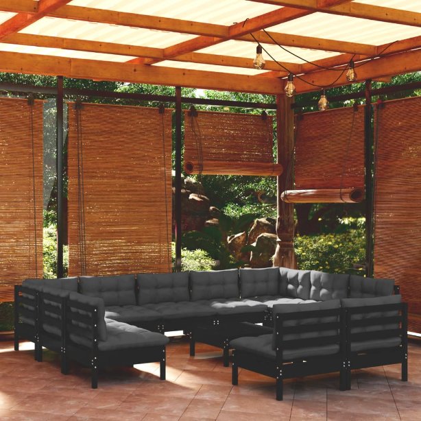 vidaXL 12-tlg. Garten-Lounge-Set mit Grauen Kissen Kiefer Massivholz