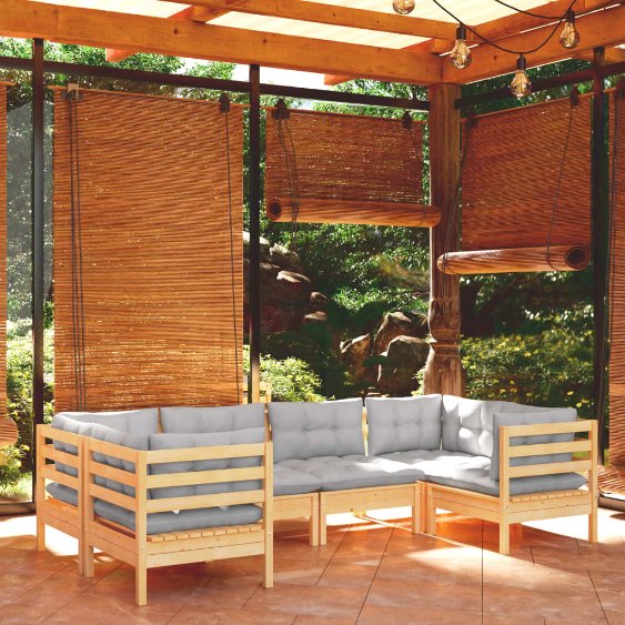 vidaXL 6-tlg. Garten-Lounge-Set mit Grauen Kissen Kiefernholz
