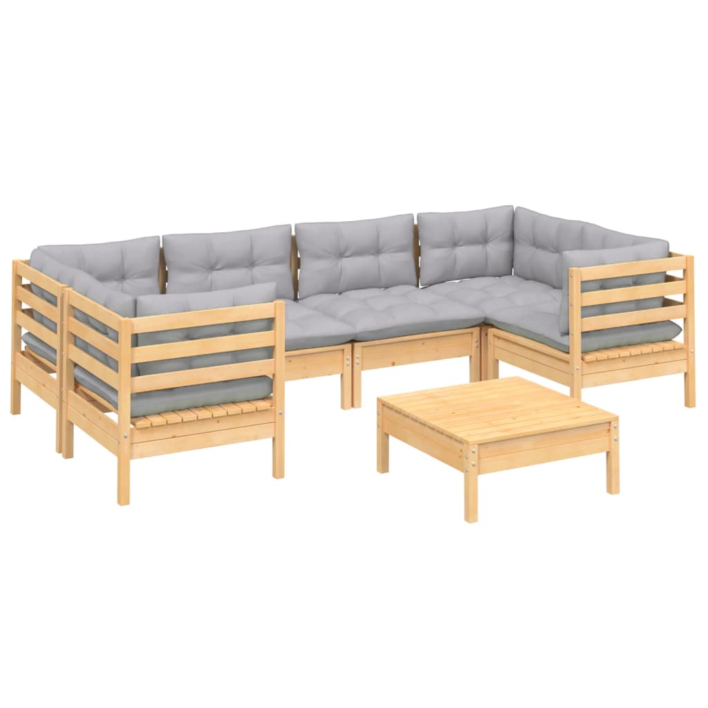 vidaXL 7-tlg. Garten-Lounge-Set mit Grauen Kissen Kiefernholz