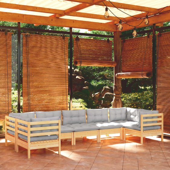 vidaXL 7-tlg. Garten-Lounge-Set mit Grauen Kissen Kiefernholz