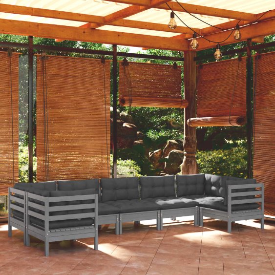 vidaXL 7-tlg. Garten-Lounge-Set mit Grauen Kissen Kiefernholz